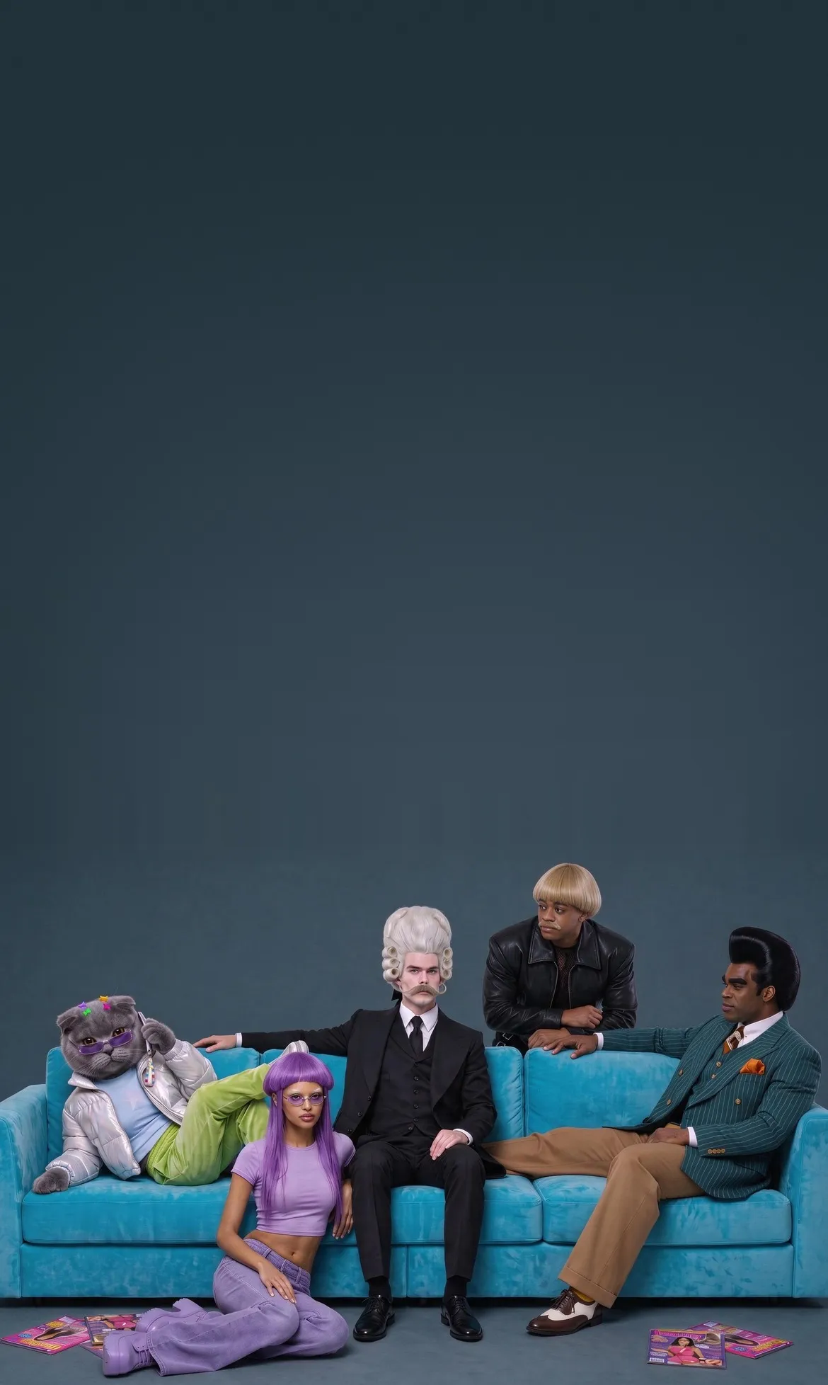 A cat, a woman with purple hair, a man in a powdered wig and two men on a blue couch