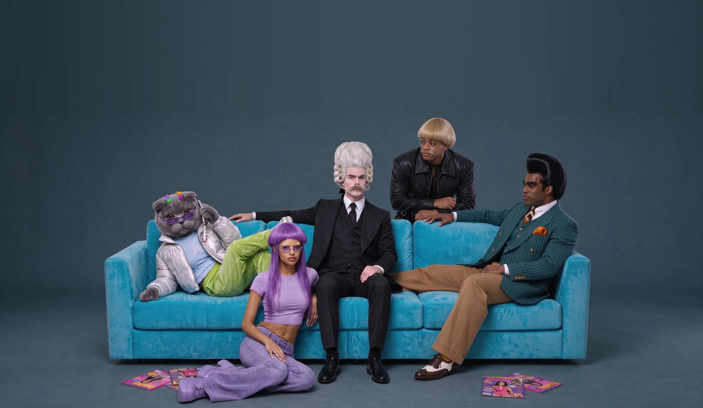 A cat, a woman with purple hair, a man in a powdered wig and two men on a blue couch